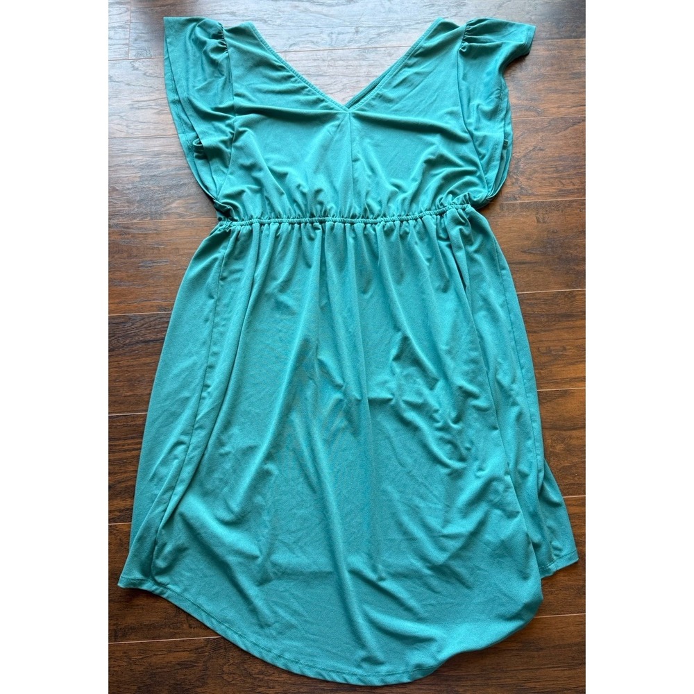 Ava & Viv Dress Teal Green Faux Wrap V Neck Elastic Waist Flowy Plus Size 1X - Picture 7 of 7